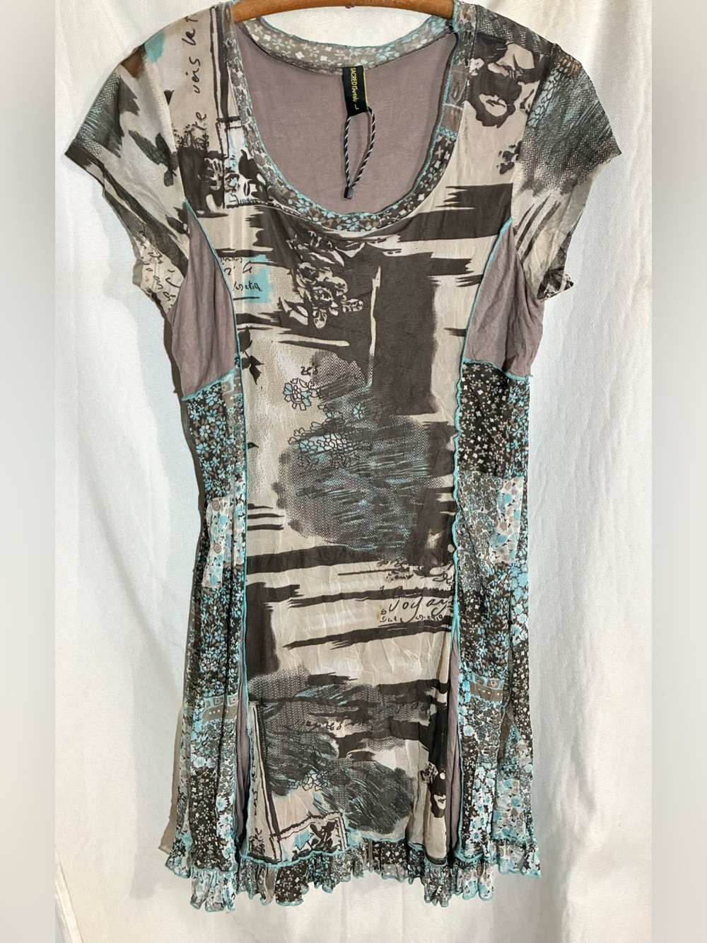 Sacred Threads Mesh Retro Dress Sz L Stretch layer Patchwork